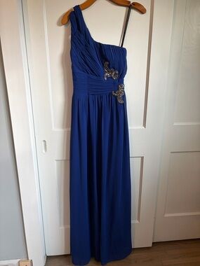 Little Mistress One-Shoulder Cobalt Blue Evening Gown with Embellished Detail